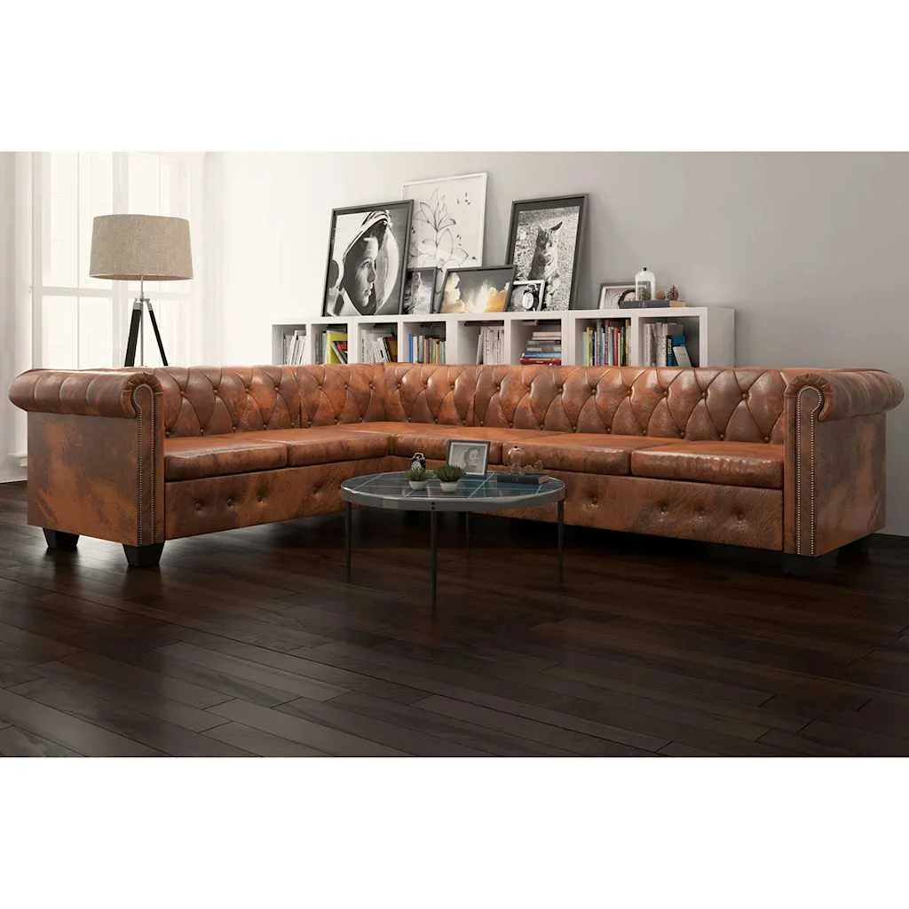 Sofa rogowa Chesterfield sześcioosobowa brązowa, sztuczna skóra 