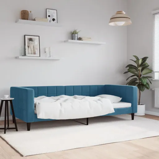 Sofa z&nbsp;funkcją spania, niebieska, 90x200 cm, obita aksamitem
